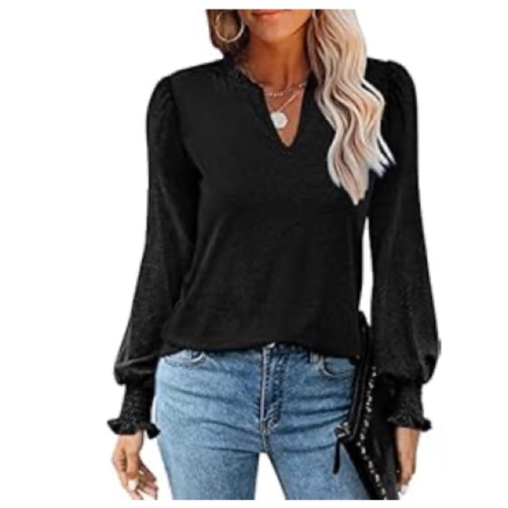Women's Casual V-Neck T-Shirts Loose Puff Long Sleeve Tops Tunic Blouses xl